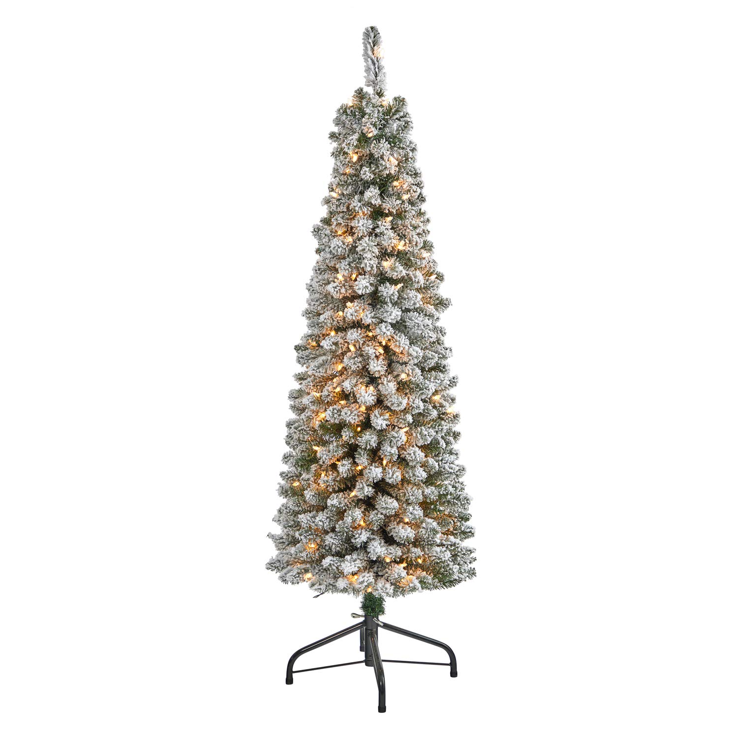 Nearly Natural 5ft Flocked Pencil Artificial Christmas Tree with 200 Clear Lights & 318 Bendable Branches | Slim Holiday Decor for Small Spaces, Apartments & Office Christmas Decorations