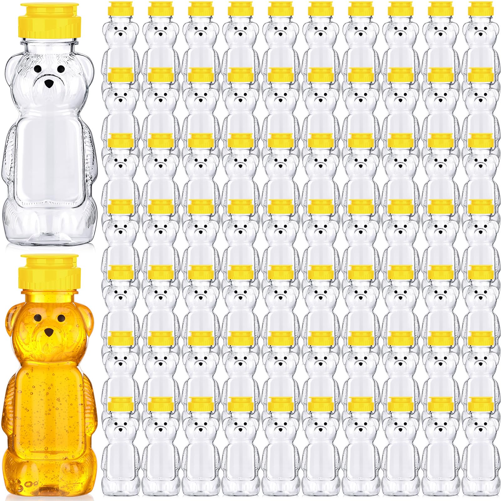 Thenshop 96 Pcs 8 oz Bear Bottle Honey Jar - Plastic Honey Squeeze Bottle with Yellow Flip Top Lid - Empty Food Grade Container for Storing & Dispensing Honey, Syrup, Condiments - Perfect for Home Kitchen, Cafe, Bakery & DIY Projects