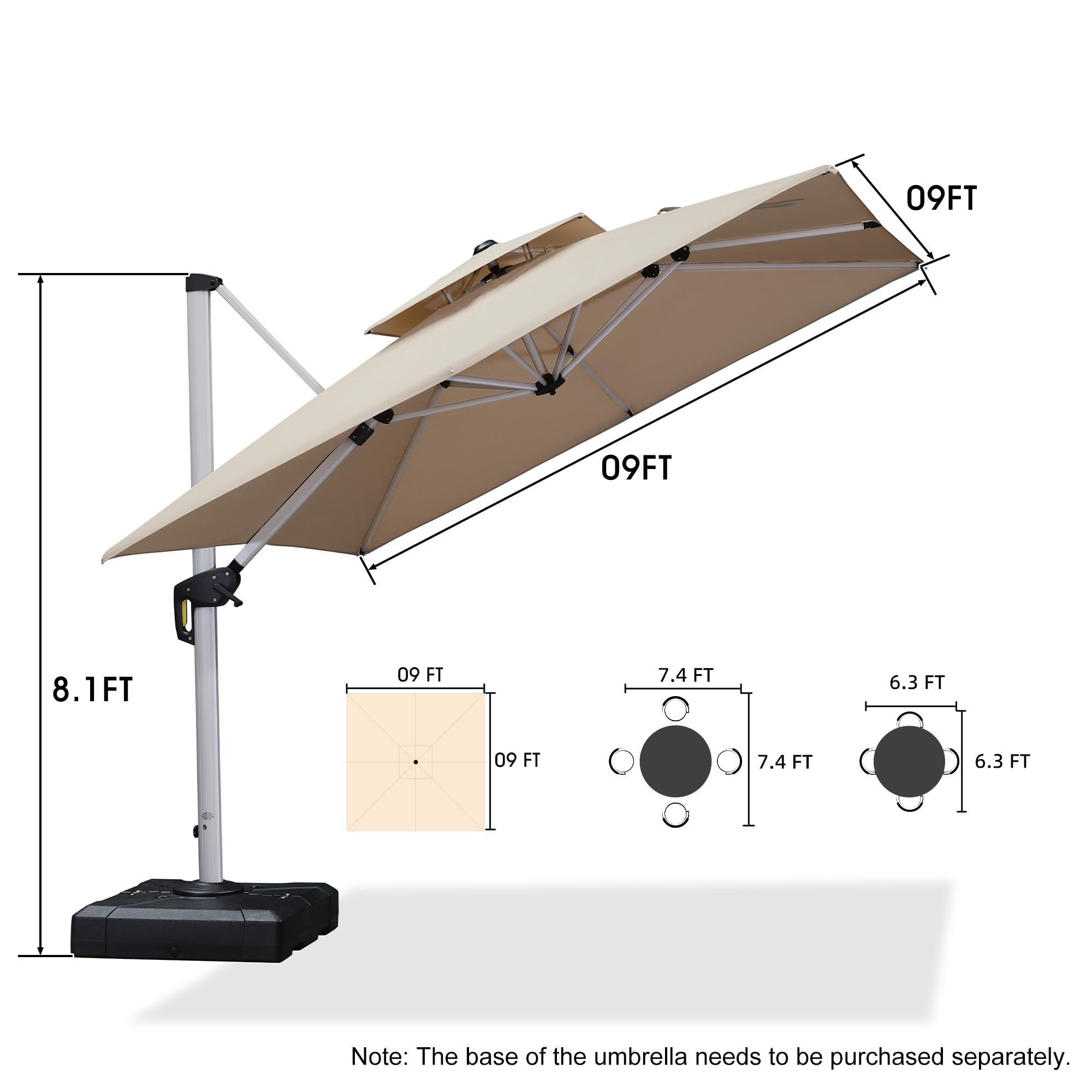 **Purple Leaf 9ft Outdoor Square Cantilever Umbrella - Heavy Duty Windproof Offset Patio Umbrella for Garden, Deck, Pool - Large Sun Shade for Relaxing, Dining & Lounging (Beige)**