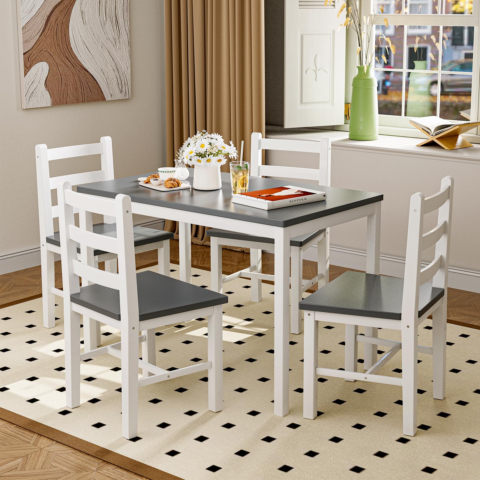 5-Piece Wooden Dining Table Set with 4 Chairs - Farmhouse Kitchen Table & Chairs for Small Spaces | Perfect for Home, Apartment, Dining Room & Restaurant Use | Durable & Space-Saving Design