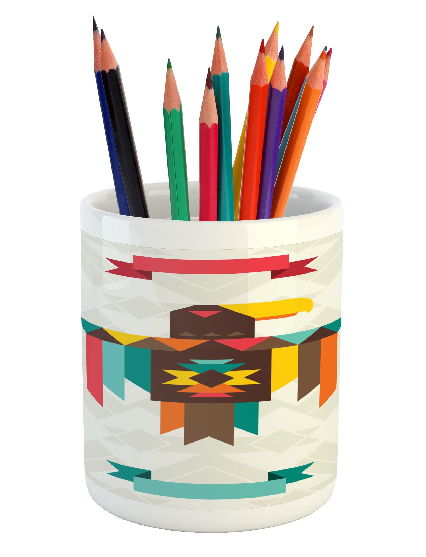 Ambesonne Southwestern Ceramic Pen Holder with Eagle Folk Totem Design - 3.6