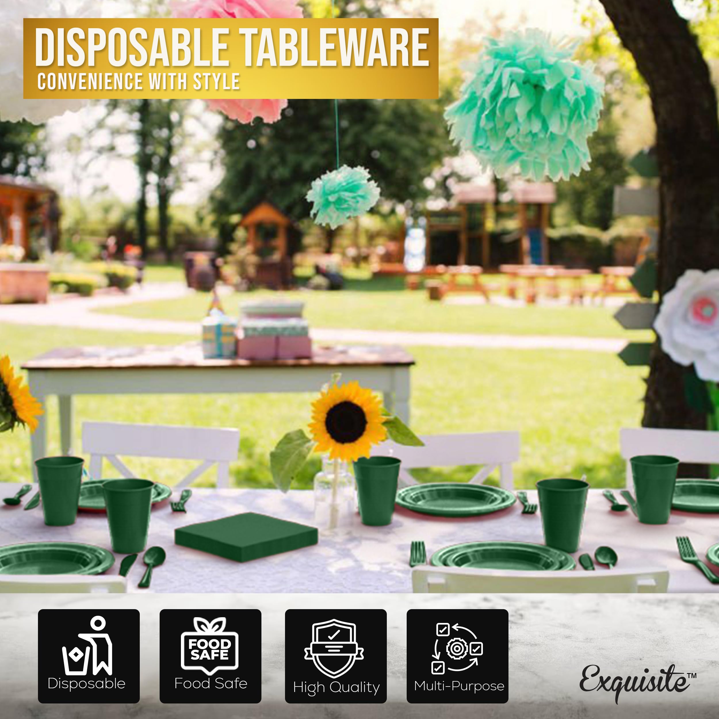 350 Pcs Emerald Green Plastic Plates for Party - Disposable Dinnerware Set Includes 9