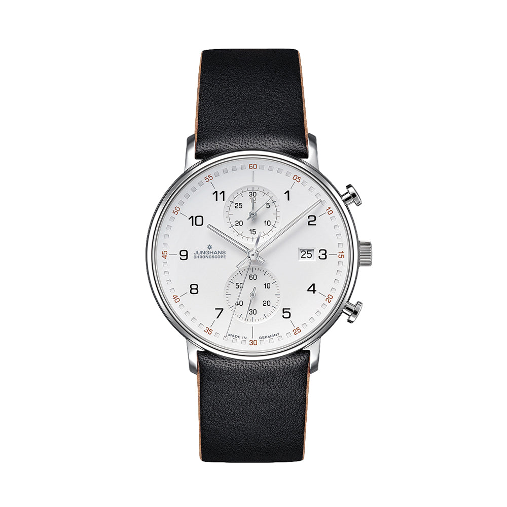 FORM C Chronograph Watch with Numerals - 40mm White Dial on Black Leather Strap - Perfect for Business, Casual & Special Occasions