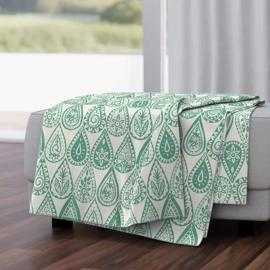 Luxe Velvet Throw Blanket 50x70 Inches - Floral Raindrops Green Ivory Print | Soft Cozy Blanket for Sofa, Bed, Couch & Home Decor