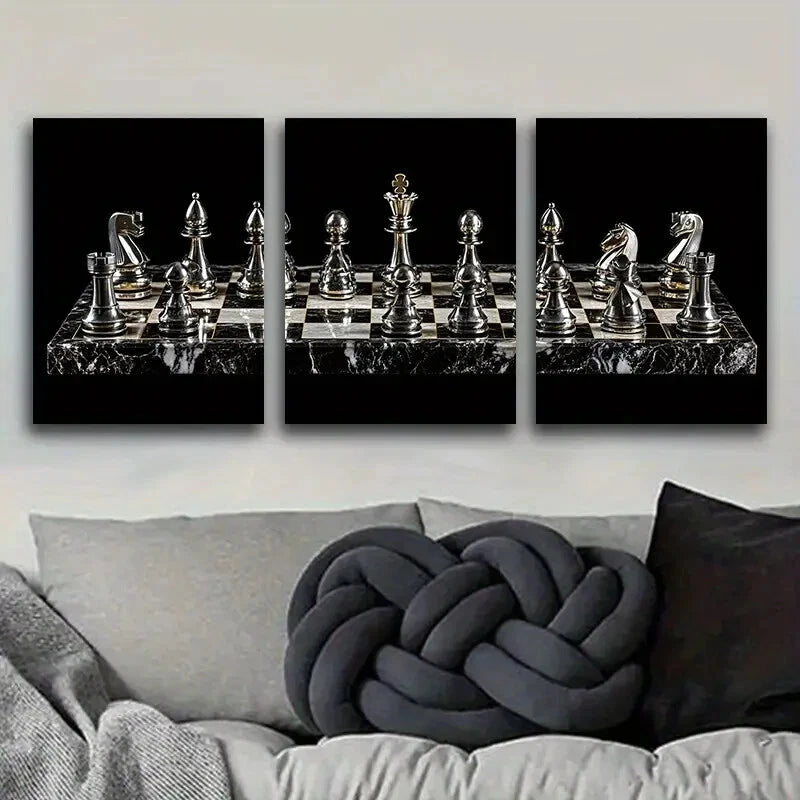 3-Piece Silver Chess Board Set with Metal Chess Pieces - Ready to Hang Wall Art for Game Room, Office Decor & Gift for Chess Lovers