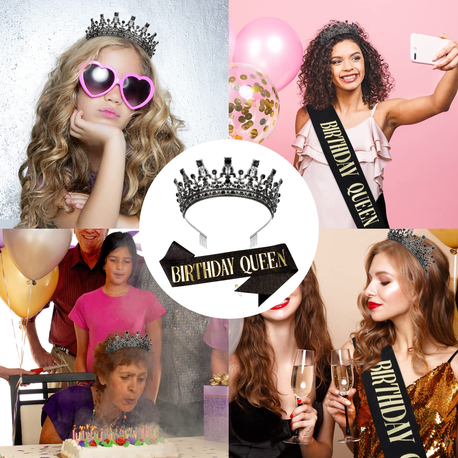 Black Crystal Tiara and Birthday Sash Set for Women - Queen Crown Headband & Princess Sash for Birthday Parties, Bachelorette, Bridal Showers & Special Events