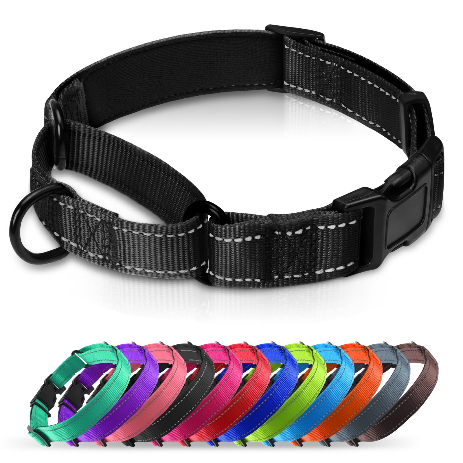 Neoprene Padded Martingale Dog Collar with Reflective Nylon & Quick Release Buckle - Adjustable Training Collar for Medium Dogs (Black) - Perfect for Daily Walks, Obedience Training & Nighttime Safety