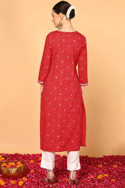 Women's Red Leheriya Cotton Kurta - Comfortable & Stylish Indian Ethnic Wear for Festivals, Parties & Casual Outings