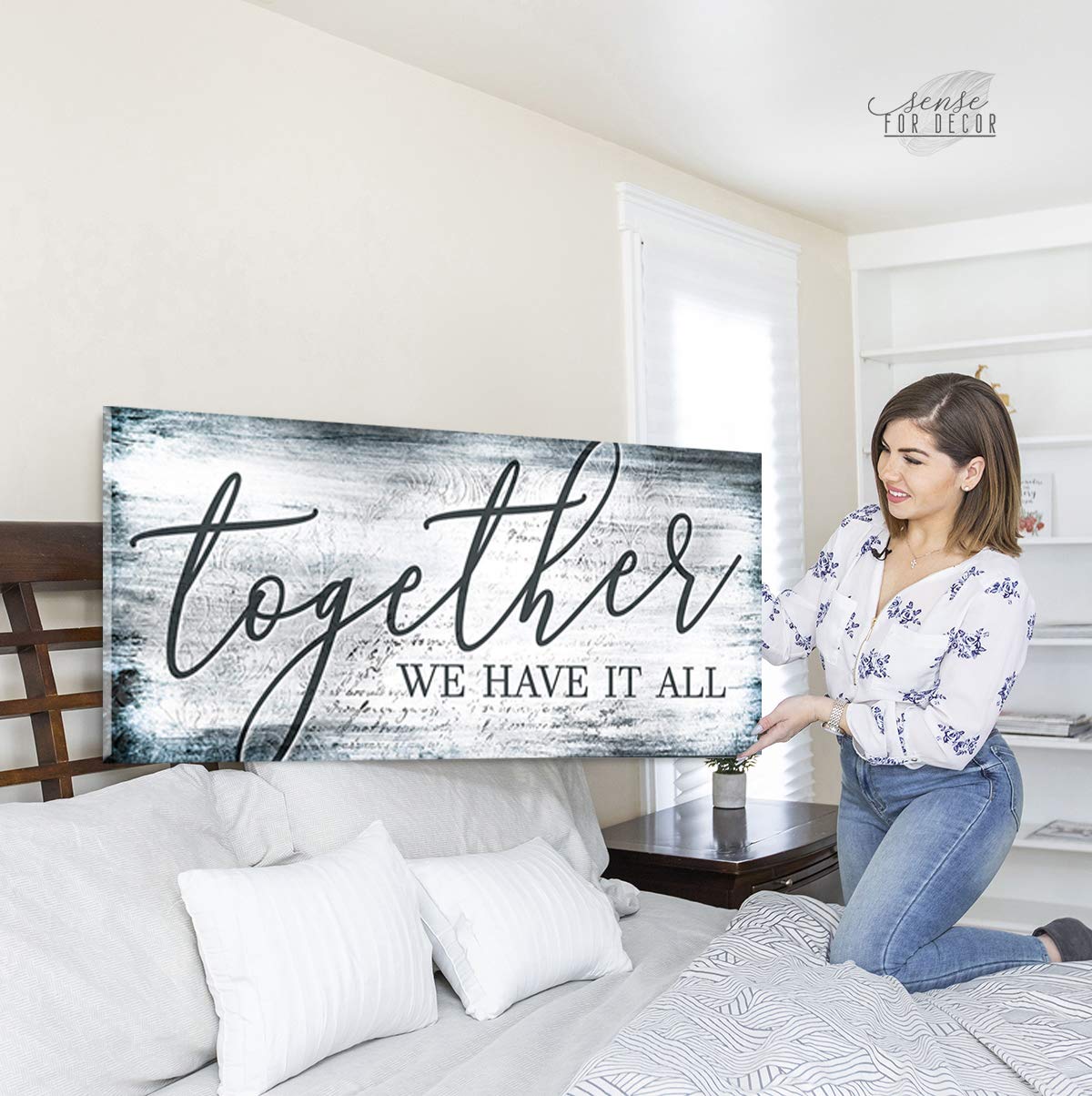 Romantic 'Together We Have It All' Wooden Wall Sign - Perfect Wedding & Couples Gift, Blue Bedroom Decor for Newlyweds (60x27 Inches) - Ideal for Home, Bedroom, and Anniversary Celebrations
