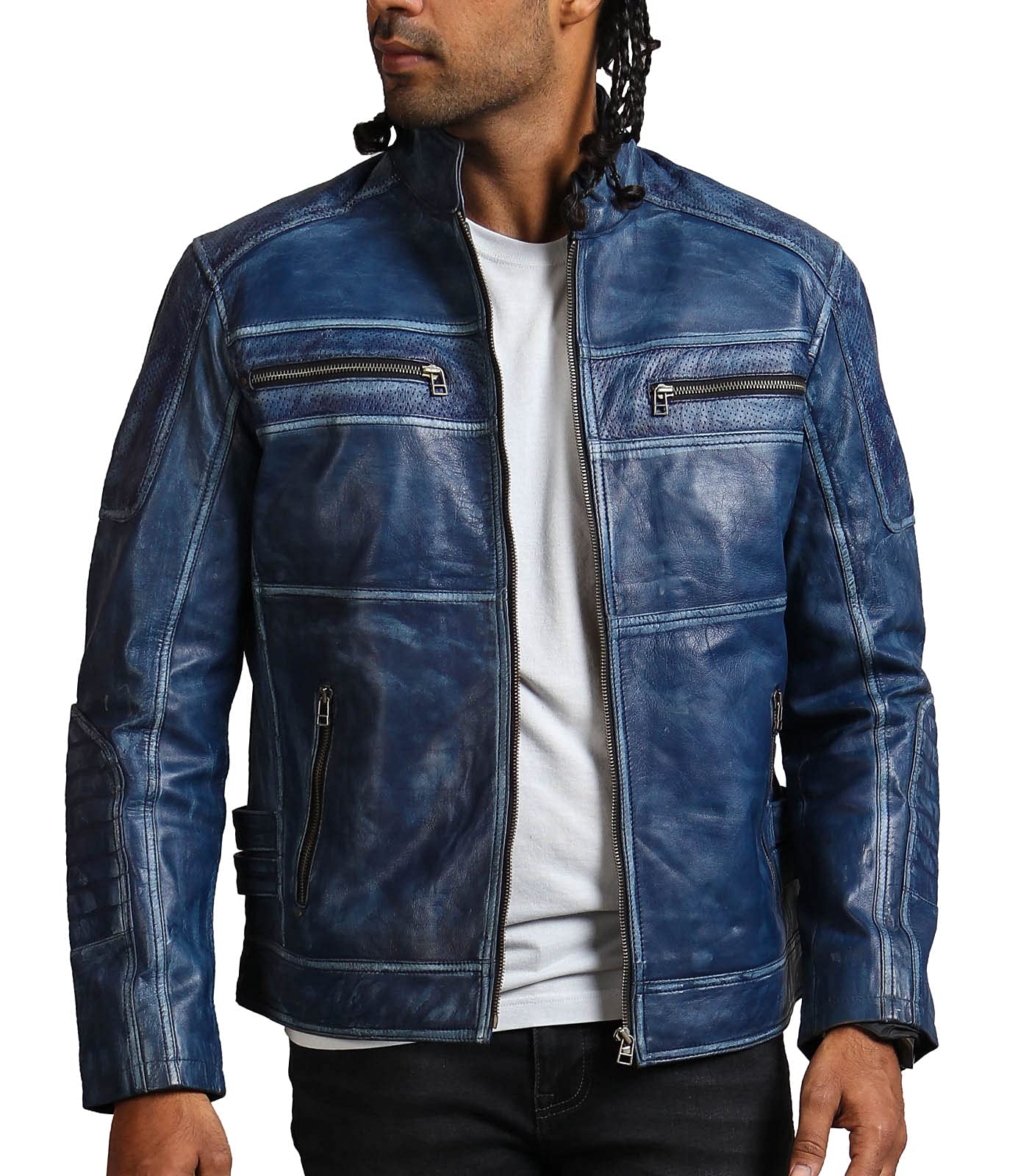 Blue Cafe Racer Leather Jacket for Men - Vintage Biker Motorcycle Jacket | Perfect for Riding, Casual Wear & Fashion Outfits