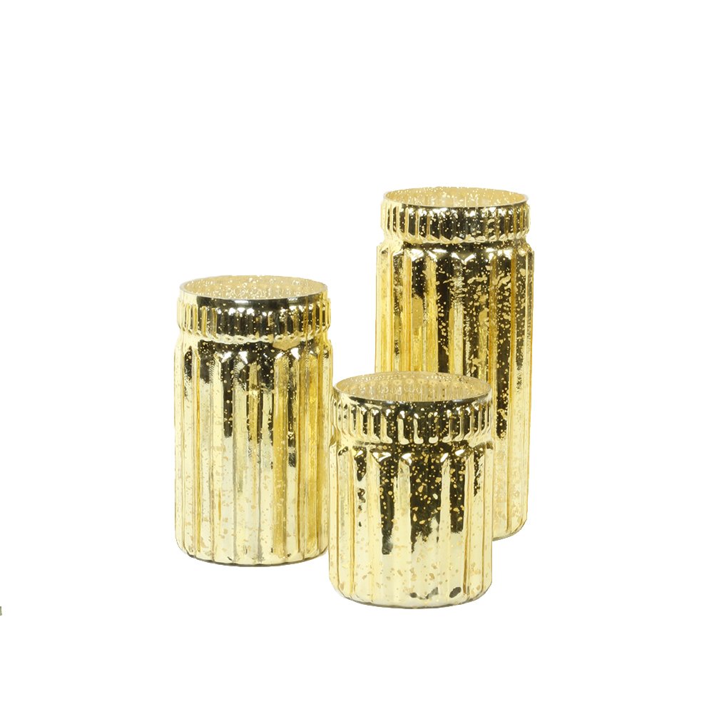 Koyal Wholesale Gold Ribbed Mercury Glass Vases - Set of 3 Bulk Decorative Vases for Wedding Centerpieces, Floral Arrangements, Home Decor & Party Decorations