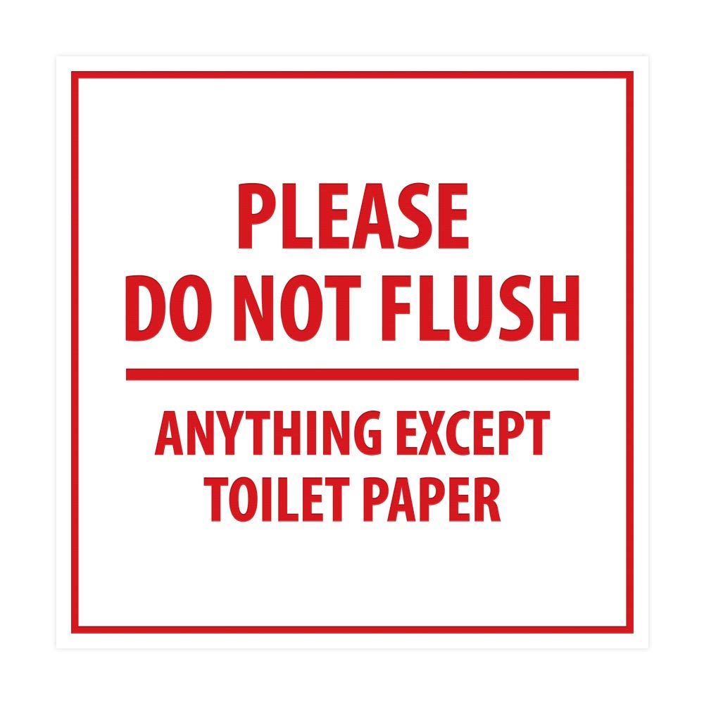 ByLITA Square 'Please Do Not Flush Anything Except Toilet Paper' Sign - Self-Adhesive, Waterproof, for Bathroom/Toilet/Public Restroom - Indoor & Outdoor Use (White/Red, Medium Size)