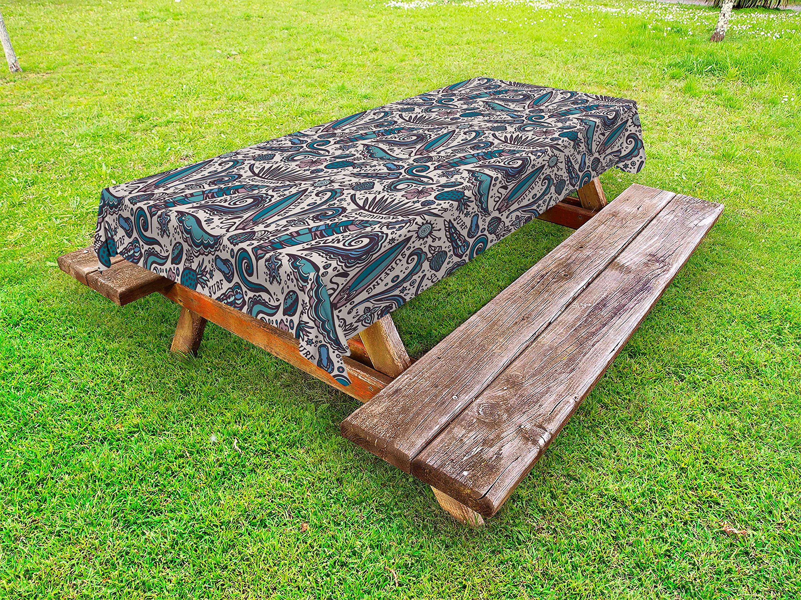 Ambesonne Waterproof Outdoor Tablecloth - Tropical Beach Design with Shells & Hibiscus Flowers, Washable Picnic Table Cover 58x104 Inches, Tan Teal Mauve - Perfect for Beach Parties, Backyard BBQs & Summer Gatherings
