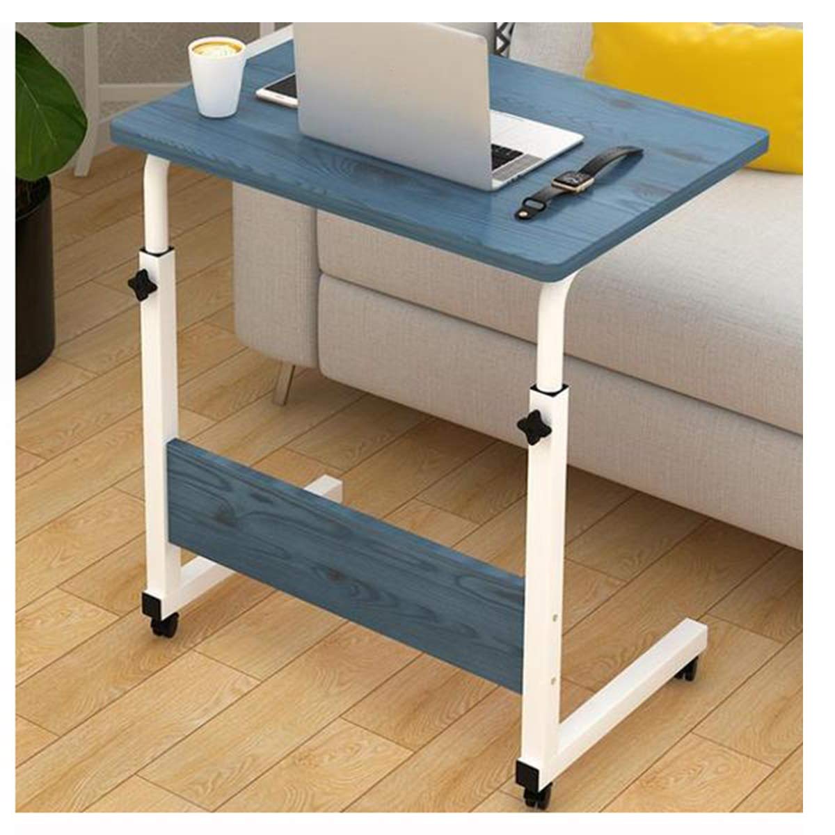 Adjustable Height Rolling Laptop Desk - Portable Multi-Purpose Table with Wheels for Home Office, Sofa & Bedside Use - Blue Pine Finish (Coffee Table, Study Desk, Workstation)
