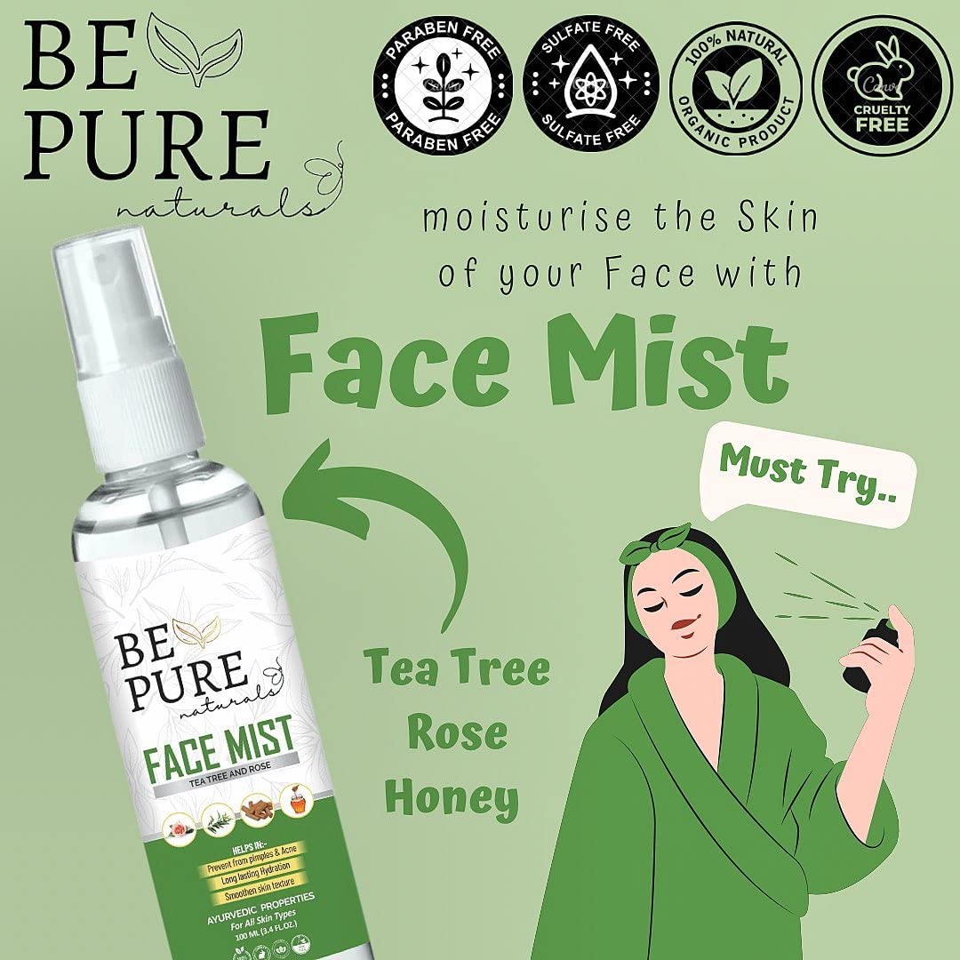 Be Pure Naturals Pimple Clear Face Mist - 100% Ayurvedic Acne Treatment for Pimples, Rashes & Skin Irritations | Soothes Sunburn, Itching & Allergies (100ml) | Perfect for Daily Skincare, Post-Workout Refresh & Travel Essentials