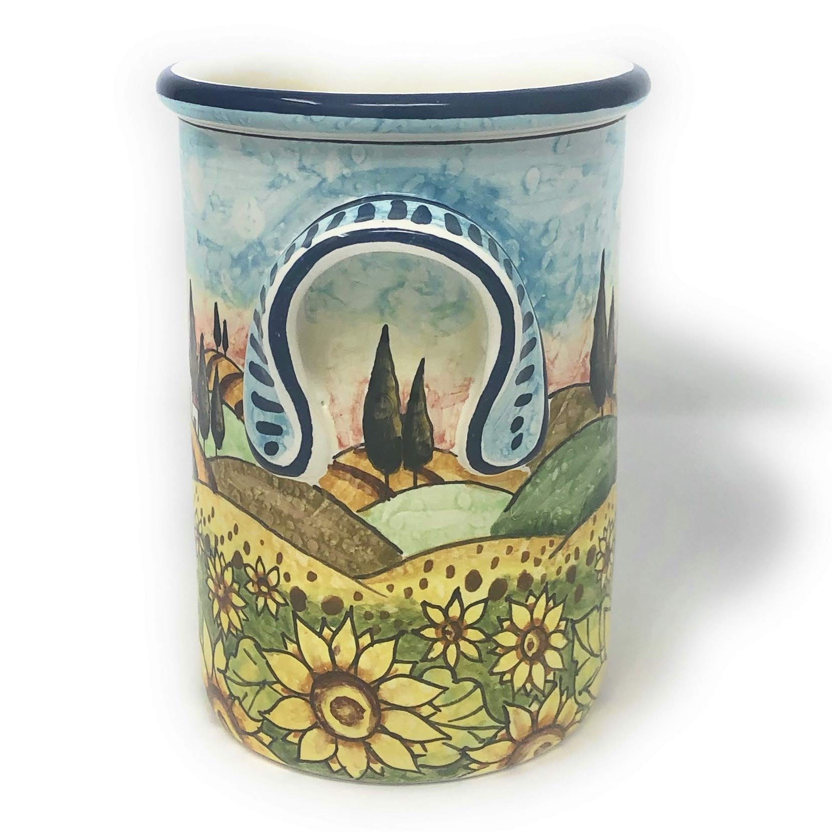 Hand-Painted Italian Ceramic Utensil Holder & Wine Bottle - Tuscan Sunflower Landscape Art Pottery, Made in Italy | Perfect for Kitchen Decor, Wine Storage & Tuscan-Themed Home Décor