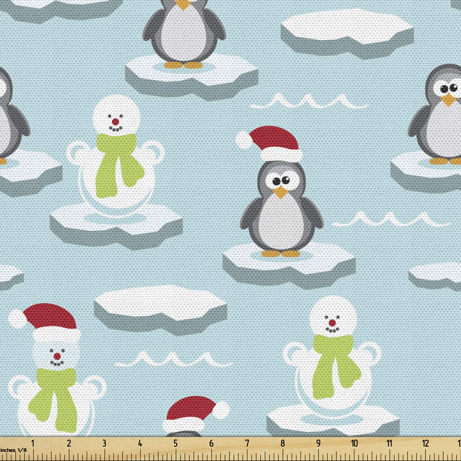 Ambesonne Funny Fabric by The Yard - Penguins & Snowmen on Ice Floes Antarctica Cartoon Print Fabric for Scarves, Upholstery & Home Decor (5 Yards, Multicolor) | Perfect for DIY Crafts, Pillow Covers & Holiday Decorations