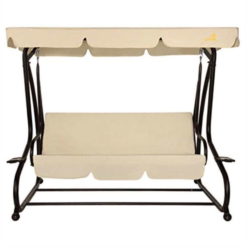 3-Seat Outdoor Porch Swing with Canopy & Beige Cushions - Patio, Deck, or Garden Relaxation Swing for Backyard, Poolside, and Outdoor Living Spaces