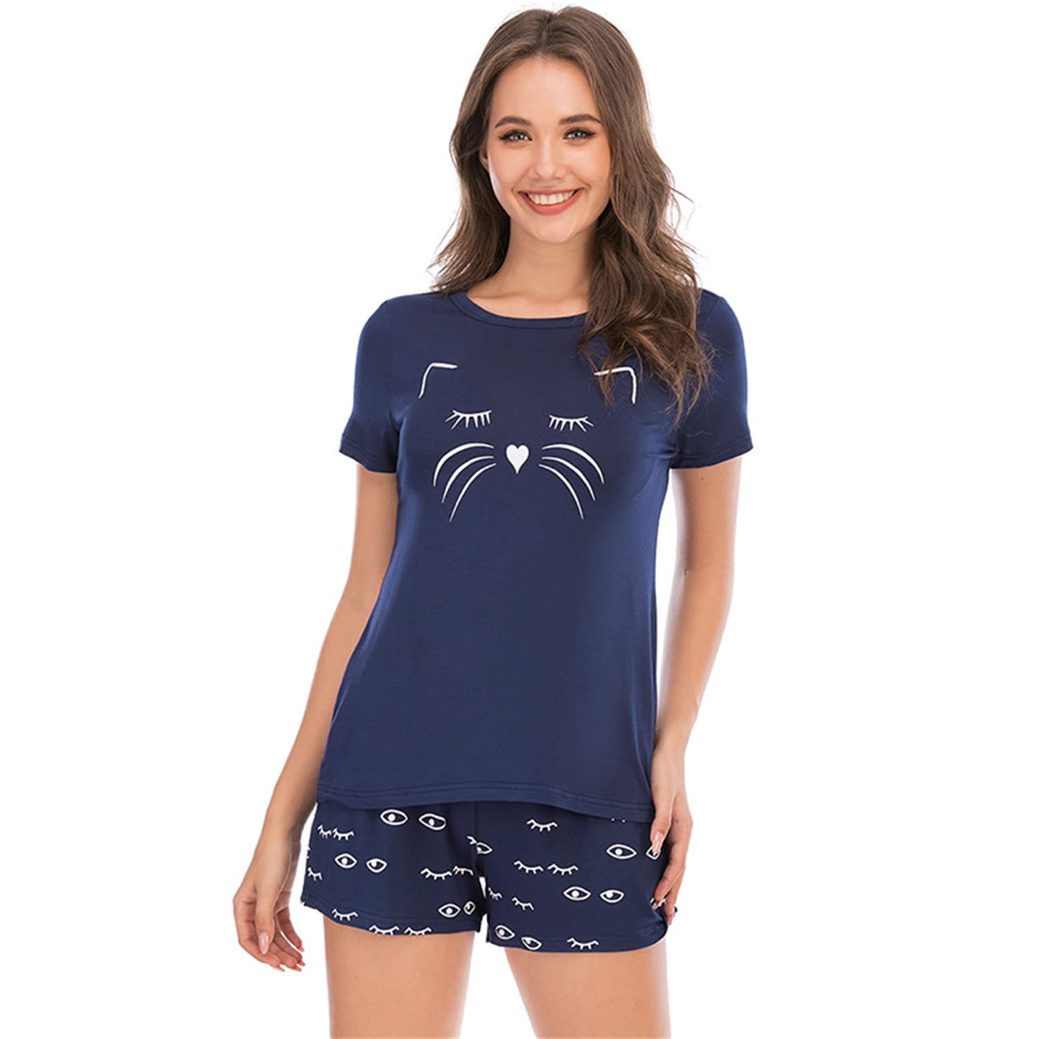 Women's Cute Printed Pajama Set - Short Sleeve Top & Short Pants Summer Sleepwear, Nightwear & Loungewear PJs for Comfortable Sleep & Relaxing at Home