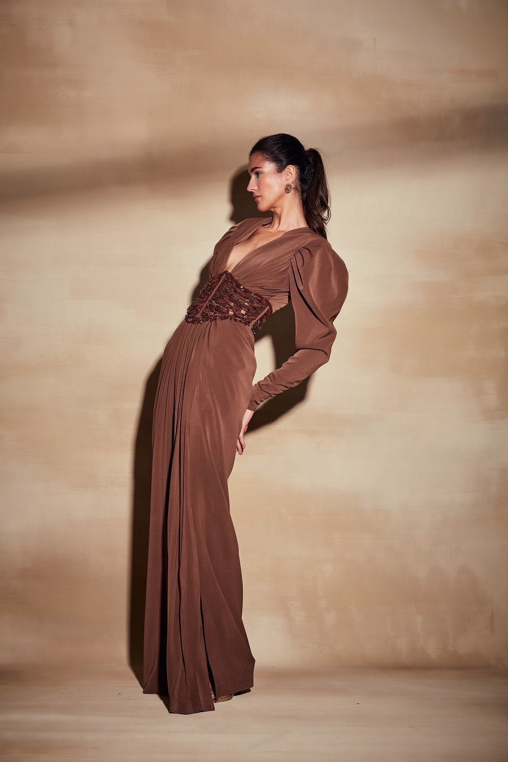 Elegant Dark Tan Dress with High Slit - Perfect for Evening Parties, Date Nights & Special Occasions