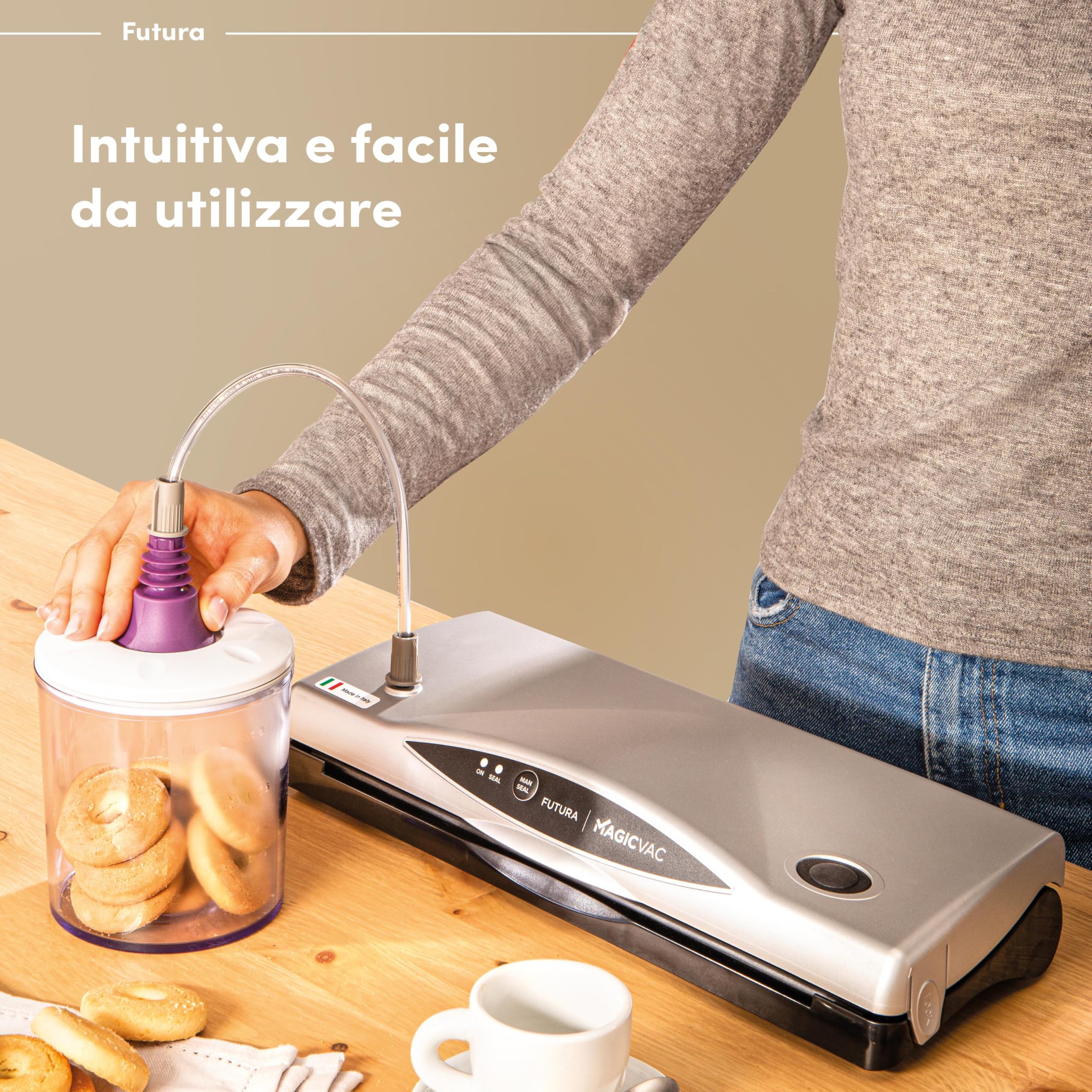 Magic Vac Futura Multifunction Food Vacuum Sealer Machine for Vacuum Bags & Containers - Includes Vacuum Sealing Kit, Patented Technology, Made in Italy (Silver-Black) - Perfect for Meal Prep, Sous Vide & Food Storage