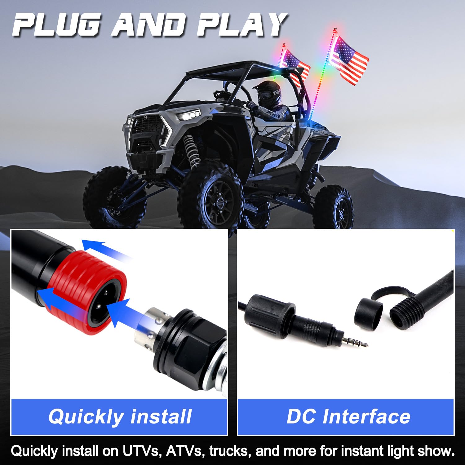 2PCS 3FT COB Whip Lights with Rock Switch - RGB Chasing LED Whip for UTV ATV RZR Polaris SXS Can-Am 4 Wheeler - App & Remote Control, Music Sync - Perfect for Off-Roading, Night Riding & Vehicle Customization