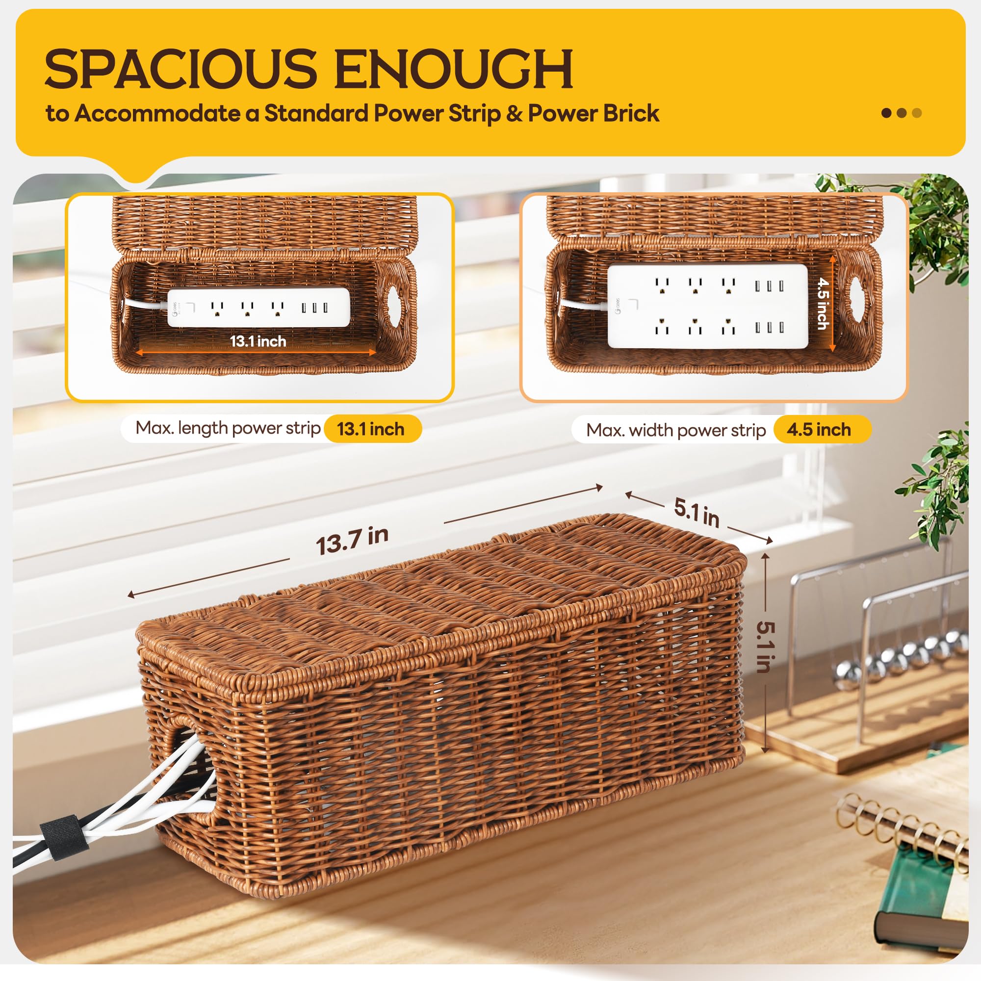 Handmade Rattan Cable Management Box with 2 Open Slots - Orapoke Cord Organizer for TV, Computer, Router & Power Strip - Under Desk Wire Hider for Office & Home Organization (Perfect for Living Room, Bedroom & Workspace)