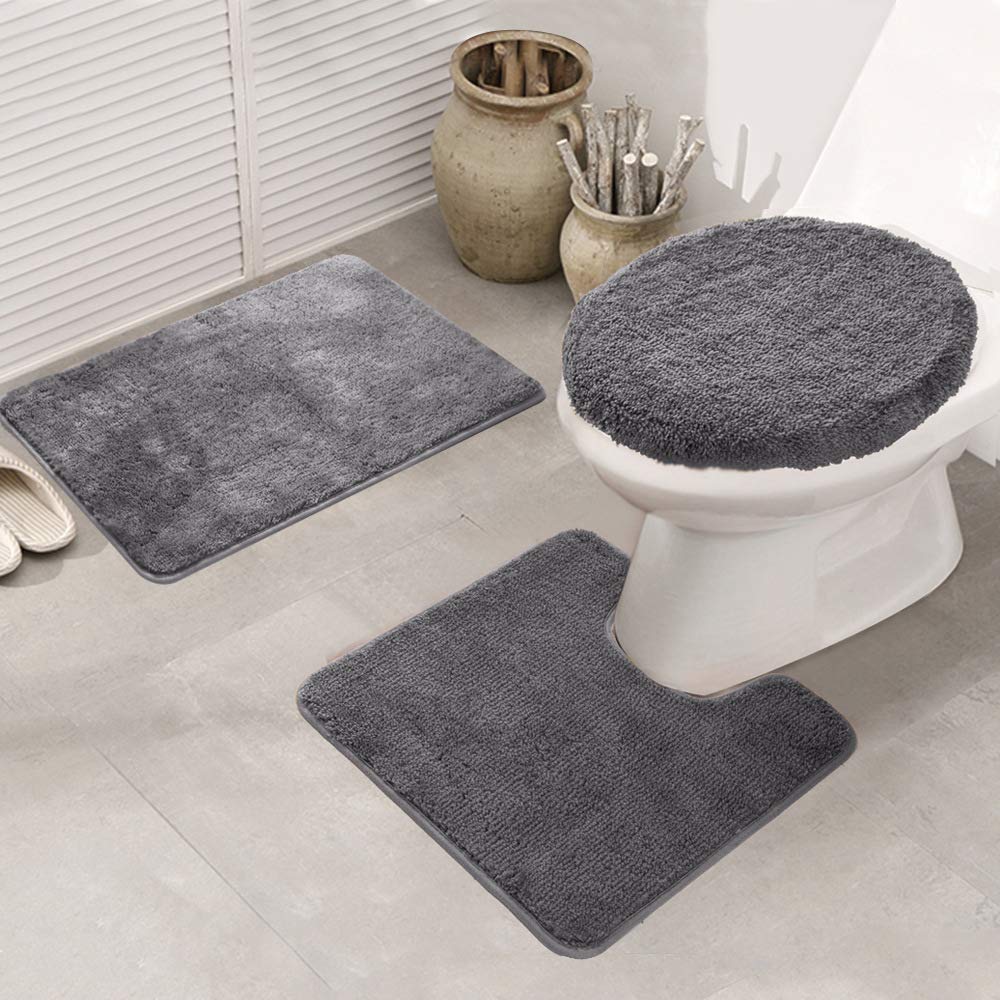 Premium 3-Piece Bathroom Rug Set - Soft Shaggy Non-Slip Bath Mats with U-Shaped Rug & Toilet Cover (Grey) | Cozy & Safe for Bathroom, Bedroom, Laundry Room
