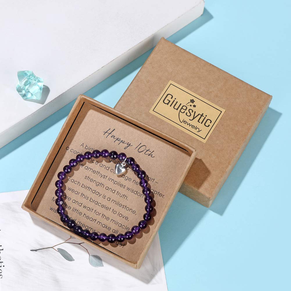 Amethyst Bead Bracelet for 10 Year Old Girl - Sterling Silver Heart Charm, Gift Box & Card - Perfect for Christmas & Birthday Gifts