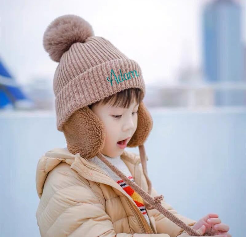 XEL Custom Embroidered Name Winter Hats for Kids - Warm Fleece Lined Knitted Pompom Earflap Beanie & Mittens Set - Personalized Baby Toque for Boys & Girls - Perfect for Snow Play, Winter Outdoor Activities & Holiday Gifts