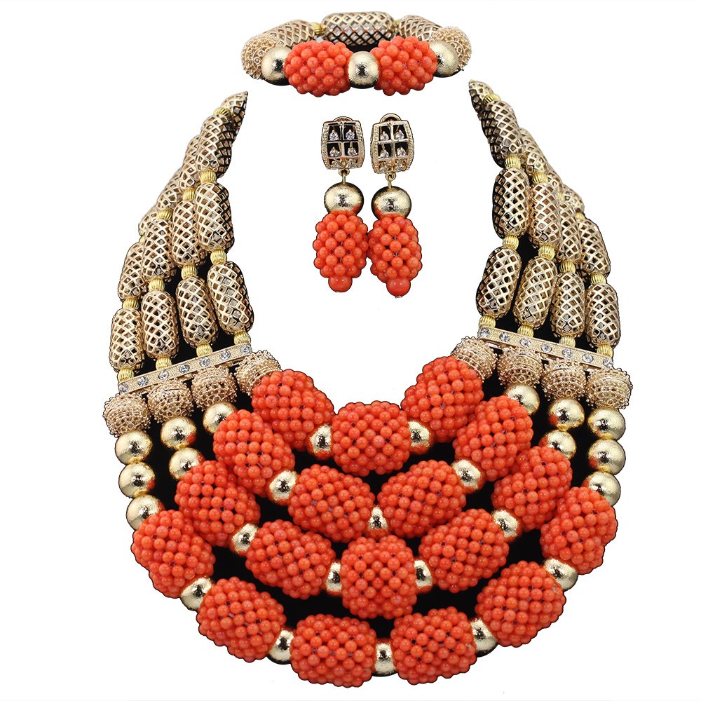 Red Beads Statement Necklace Set - African Nigerian Wedding Jewelry in Dubai Gold | Elegant Women's Jewelry for Bridal, Party & Special Occasions