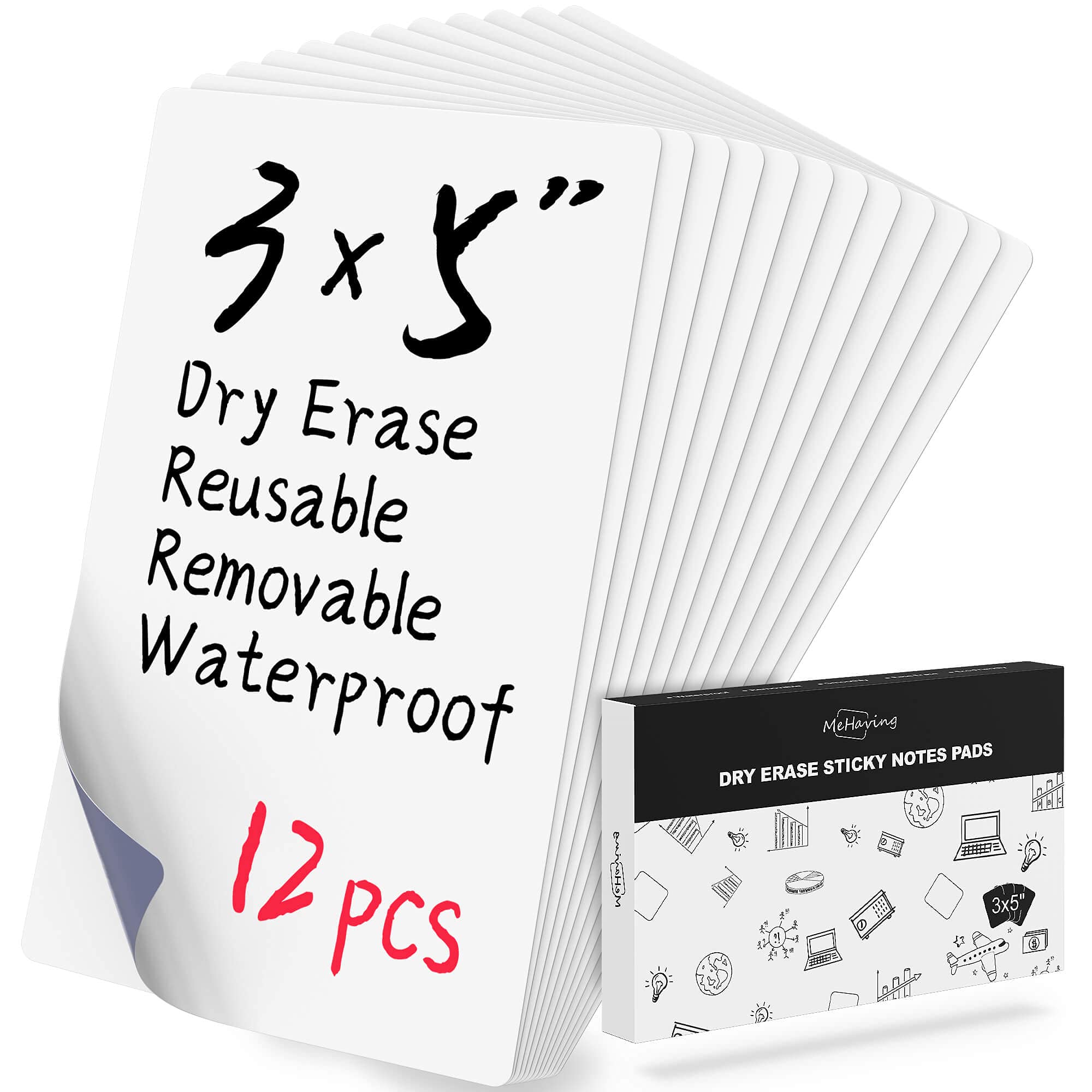 Mehaving Dry Erase Sticky Notes 3x5 Inch - 12 Pack Reusable Whiteboard Stickers for Fridge, Office & School | Blank Removable Labels | Eco-Friendly Whiteboard Supplies for Planning, Organizing & Note-Taking