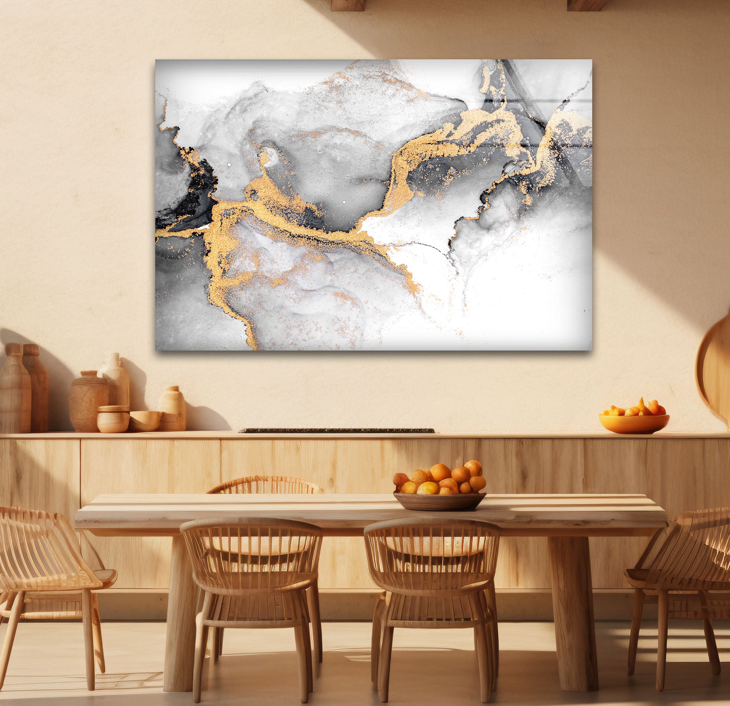 Black White and Gold Abstract Wall Art - Minimalist Glass Print for Modern Home & Office Decor | Perfect for Living Room, Bedroom & Office Spaces