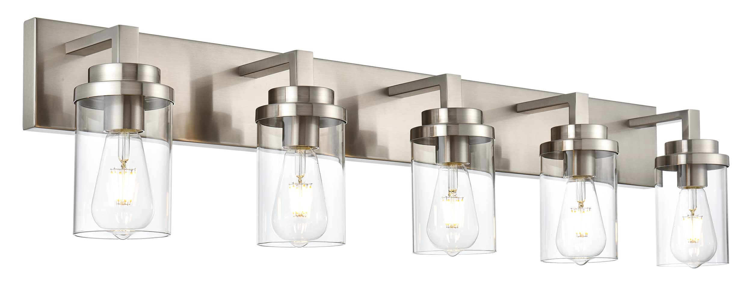 Modern 5-Light Farmhouse Vanity Light - Brushed Nickel Bathroom Wall Lighting with Clear Glass Shades for Mirror & Dressing Table - Perfect for Bathroom, Bedroom, and Powder Room Decor