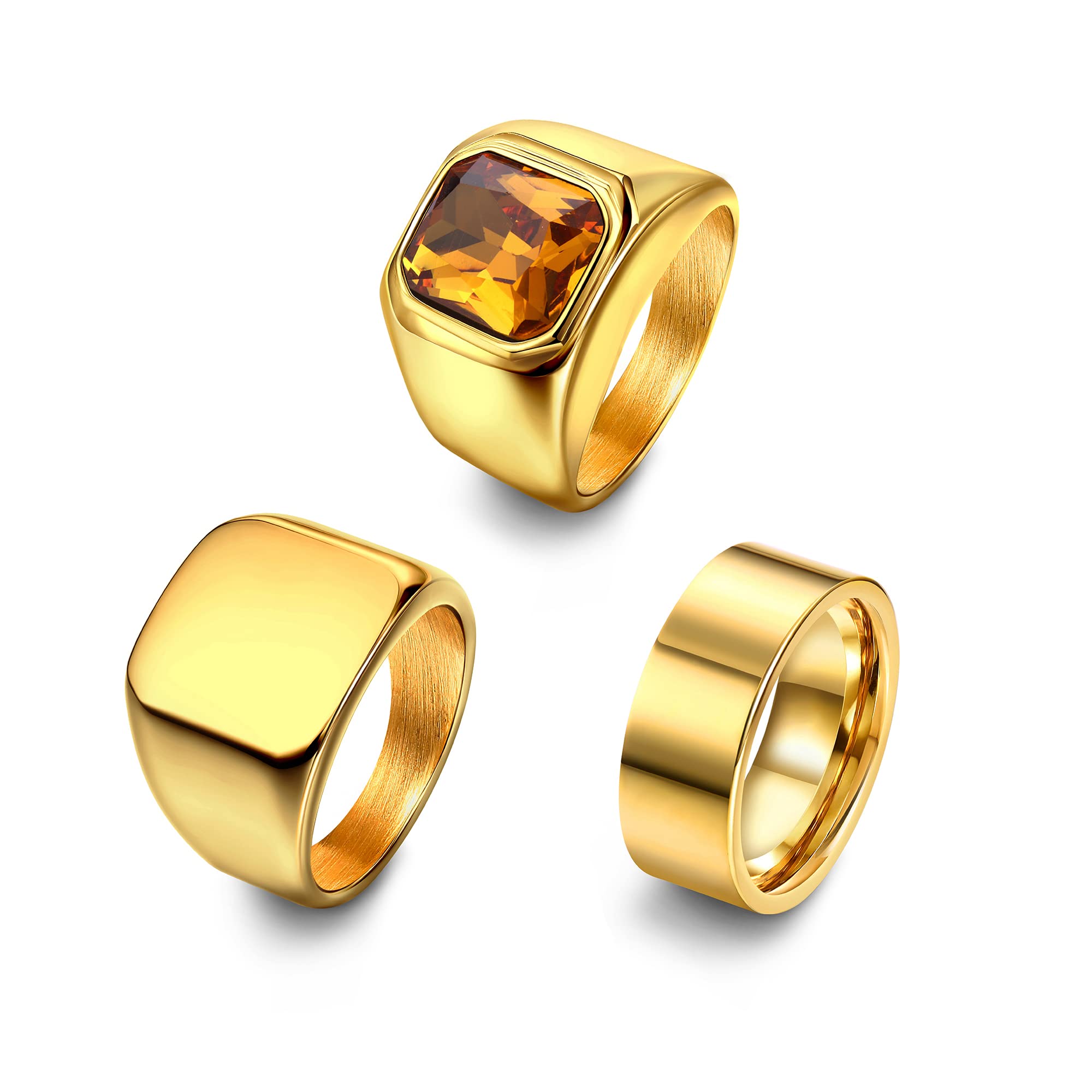 Dochais 3PCS Men's Stainless Steel Signet Rings - Biker, Square Agate Onyx Rings for Men - Solid Polished Retro Band Rings Set (Size 7-13) - Perfect for Casual Wear, Gifts & Fashion Accessories