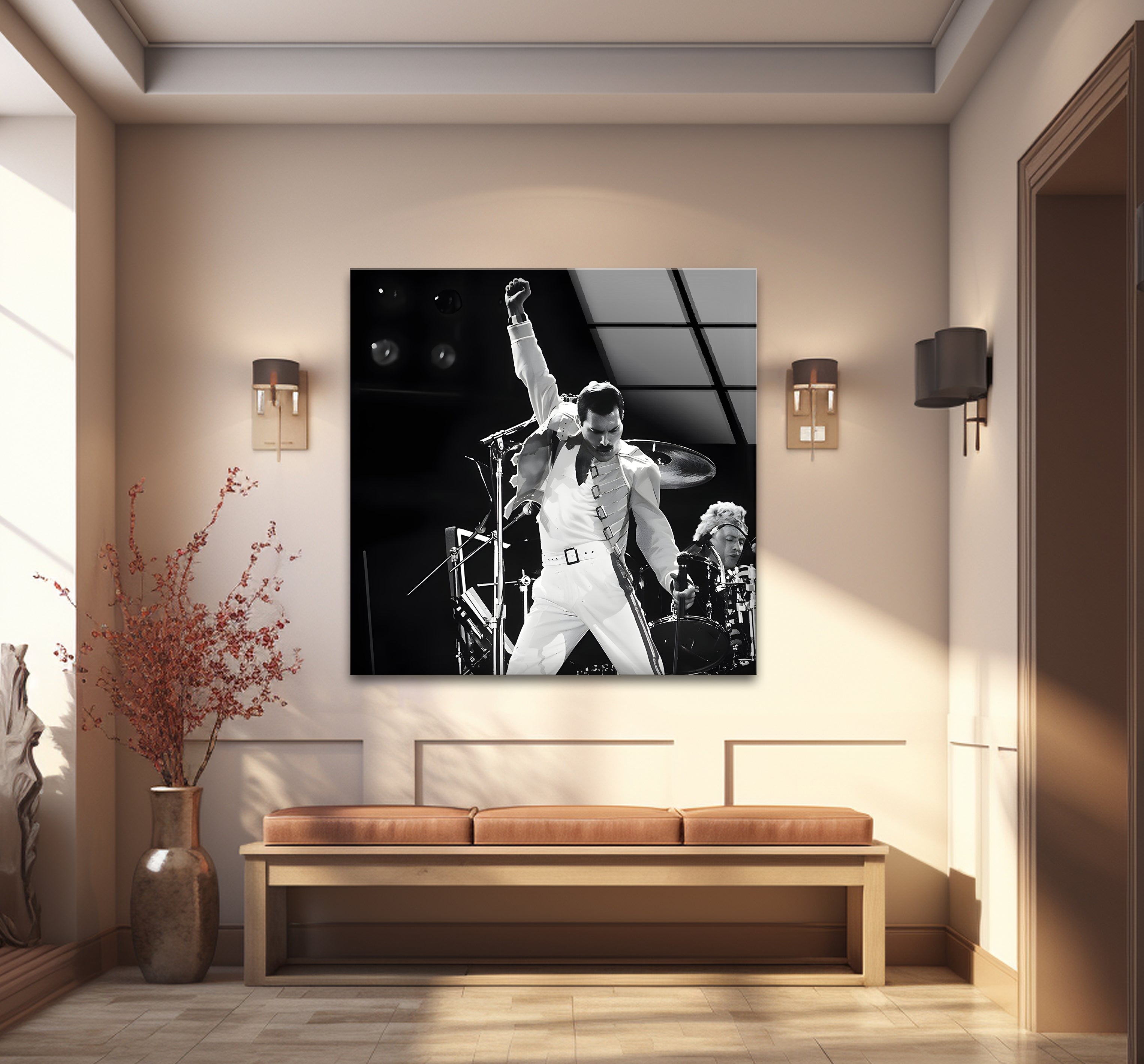 Freddie Mercury Glass Wall Art - Black & White Queen Band Tribute for Home & Office Decor - Perfect for Music Lovers & Retro Style Interiors