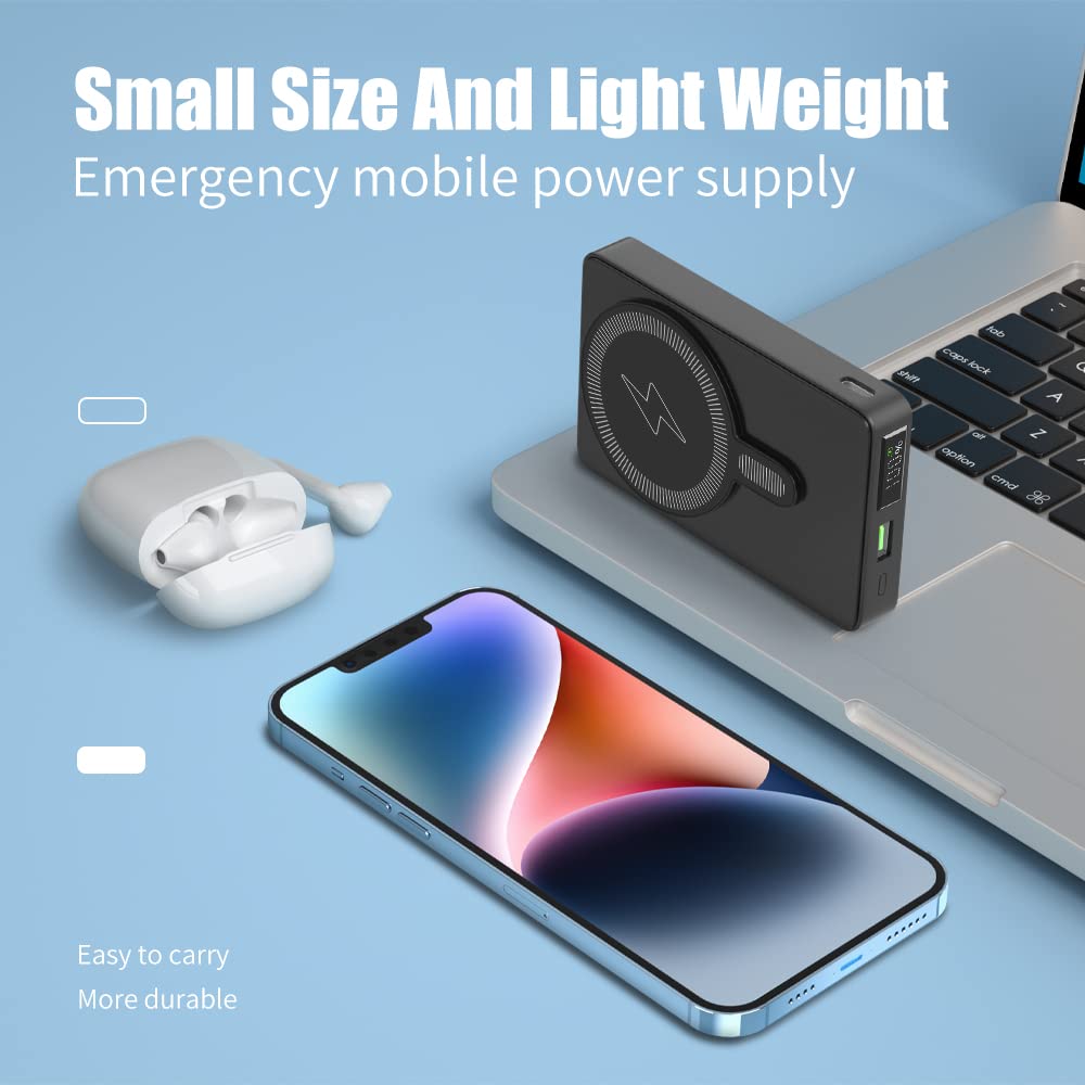 RUNSY Magnetic Wireless Power Bank 10000mAh - Foldable Stand Portable Charger for iPhone 14/13/12 Series | Magsafe Compatible Battery Pack with USB-C Cable | Perfect for Travel, Work & Outdoor Activities