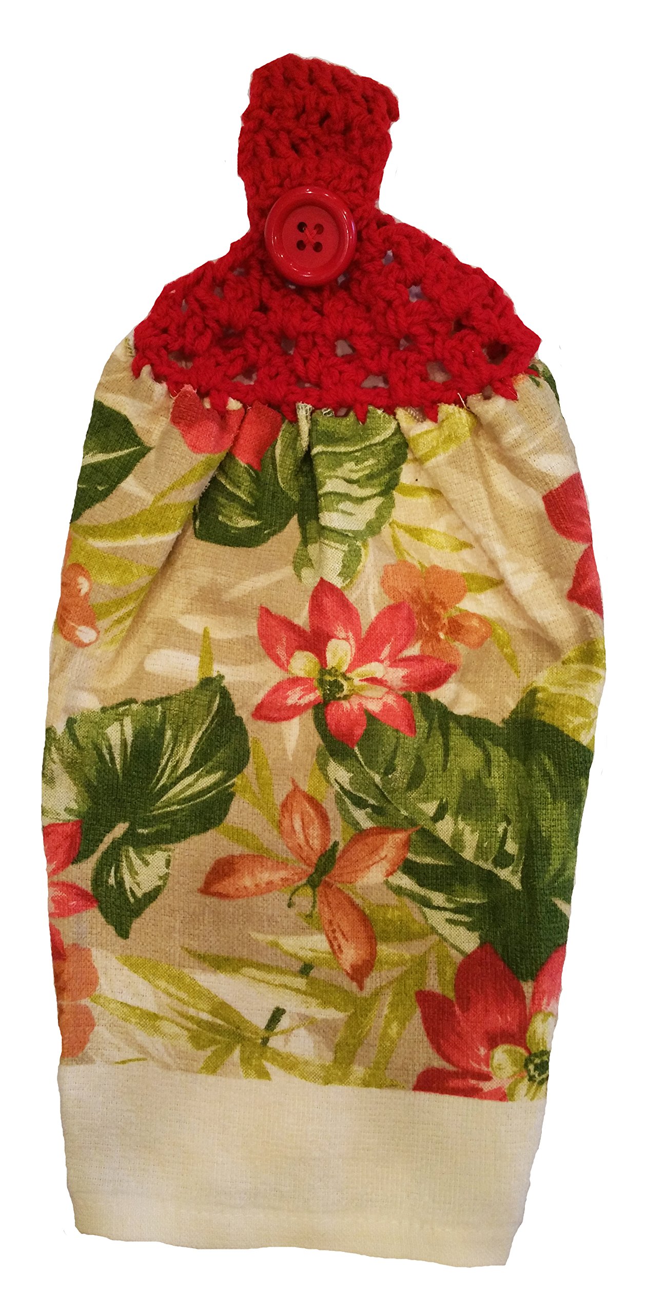 Handmade Cherry Red Crochet Kitchen Towel with Floral Design - Perfect for Farmhouse, Rustic & Vintage Style Home Decor, Dish Drying & Gift Giving