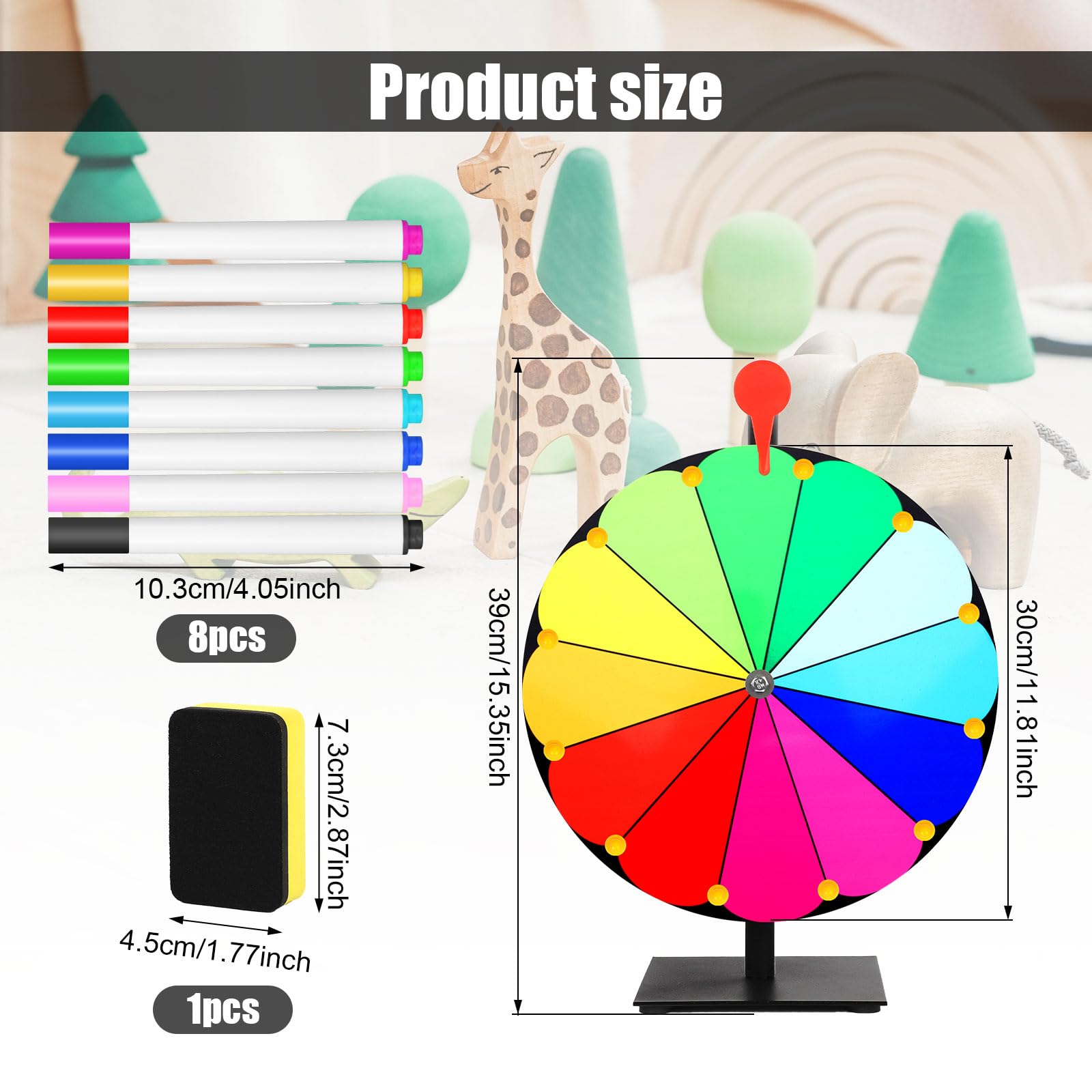 12 Inch Spinning Prize Wheel with Stand - 12 Slots Tabletop Roulette Wheel for Carnivals, Trade Shows & Holiday Games - Includes Dry Erase Board & 8 Markers (Style 1) - Perfect for Birthday Parties, Classroom Rewards, and Casino-Themed Events