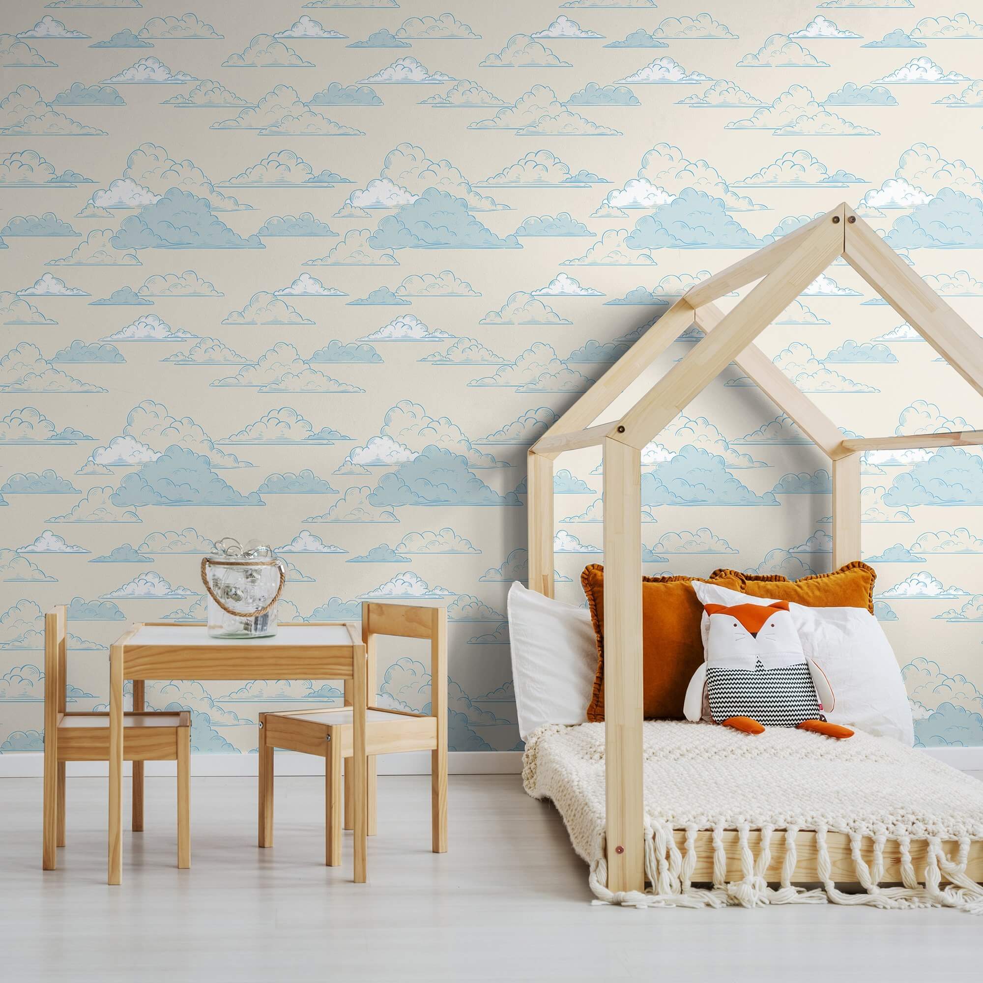 Blue and White Clouds Peel and Stick Removable Wallpaper for Kids - Self-Adhesive Nursery Decor - Perfect for Bedroom, Playroom, and Classroom Walls