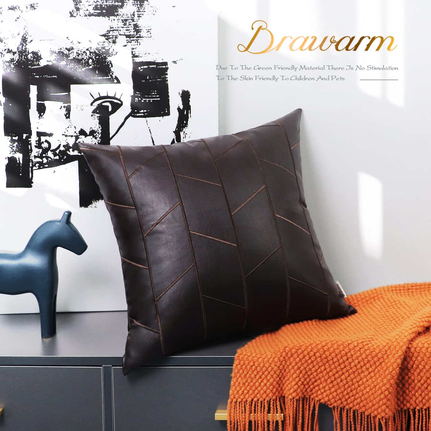BRAWARM 16x16 Inch Faux Leather Pillow Covers Set of 2 - Brown Geometric Embroidery Decorative Throw Pillows for Couch, Sofa, Bed & Living Room - Home Decor Accent for Modern & Farmhouse Style
