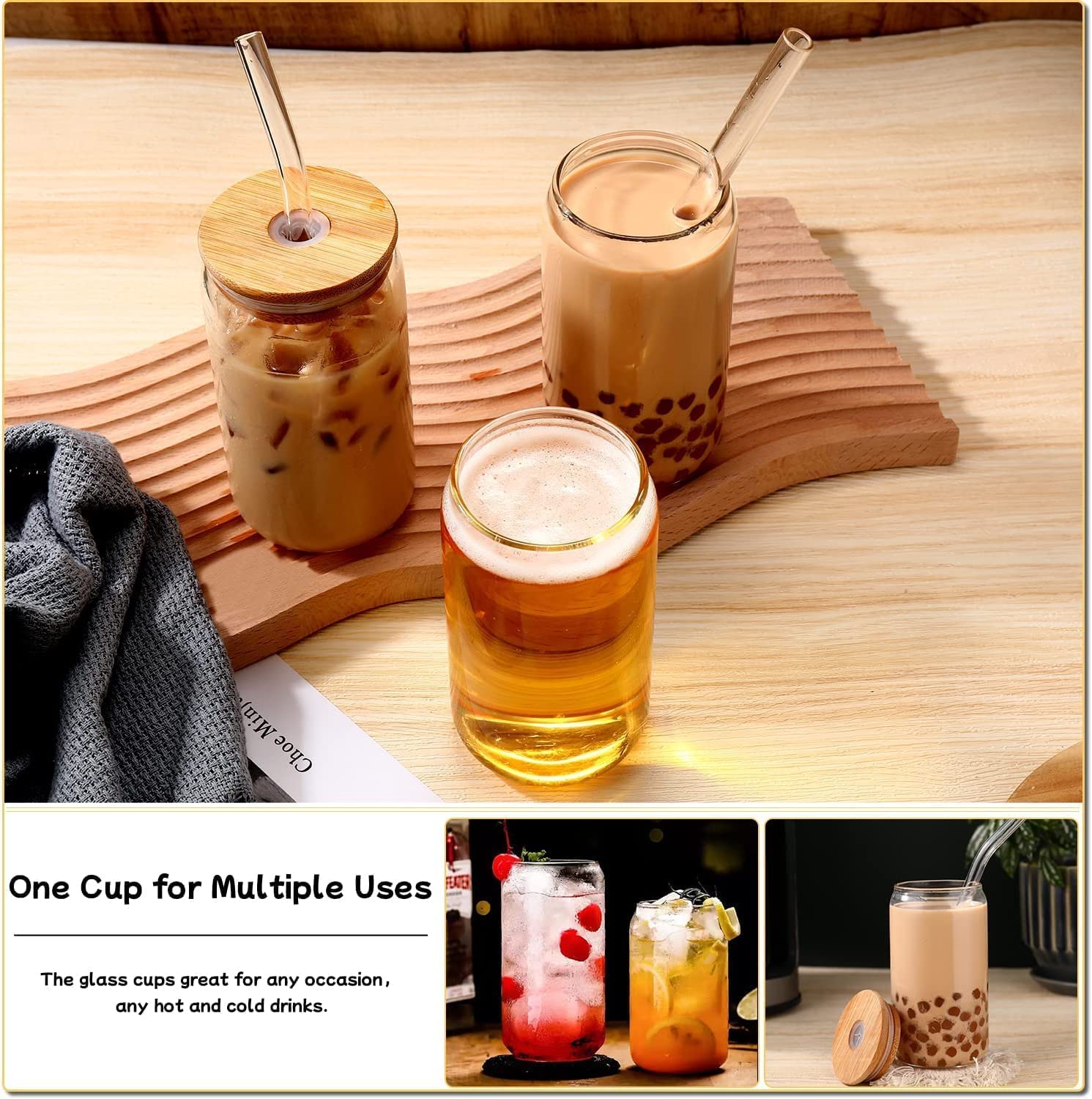 Hemoton 2-Pack 12oz Wide Mouth Mason Jars with Lids & Straws - Reusable Iced Coffee Cups & Cocktail Glasses - BPA-Free Transparent Silicone Sleeve & Bamboo Lid - Perfect for Cold Brew, Smoothies, Juices & Summer Drinks at Home, Office or Outdoor Parties
