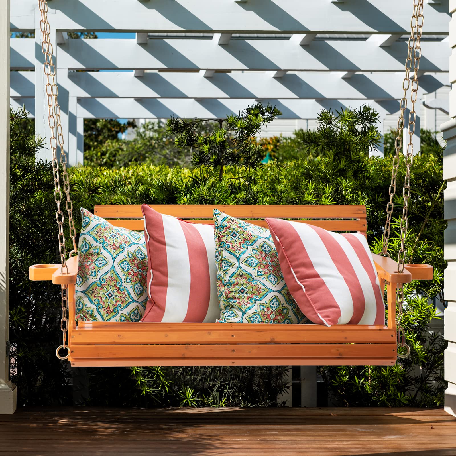 Outdoor Wooden Porch Swing with Chains - 2 Seater Hanging Bench Chair for Garden, Patio, Courtyard | Weather-Resistant Natural Finish | Perfect for Relaxing, Reading & Backyard Lounging