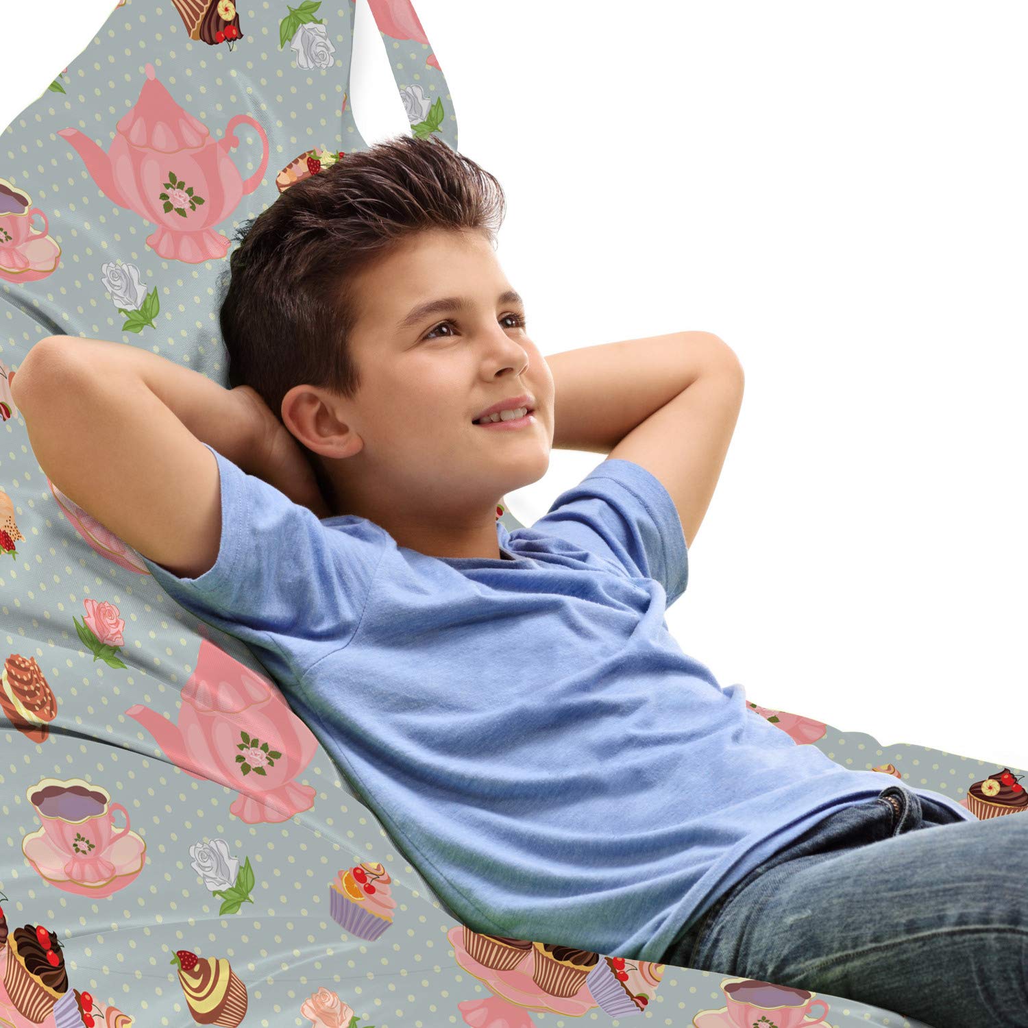 Ambesonne Tea Party Lounger Chair Bag - Large Capacity Storage with Handle - British Tradition Design with Cupcakes, Cookies & Flowers on Polka Dot Pattern - Perfect for Picnics, Beach Trips & Outdoor Gatherings