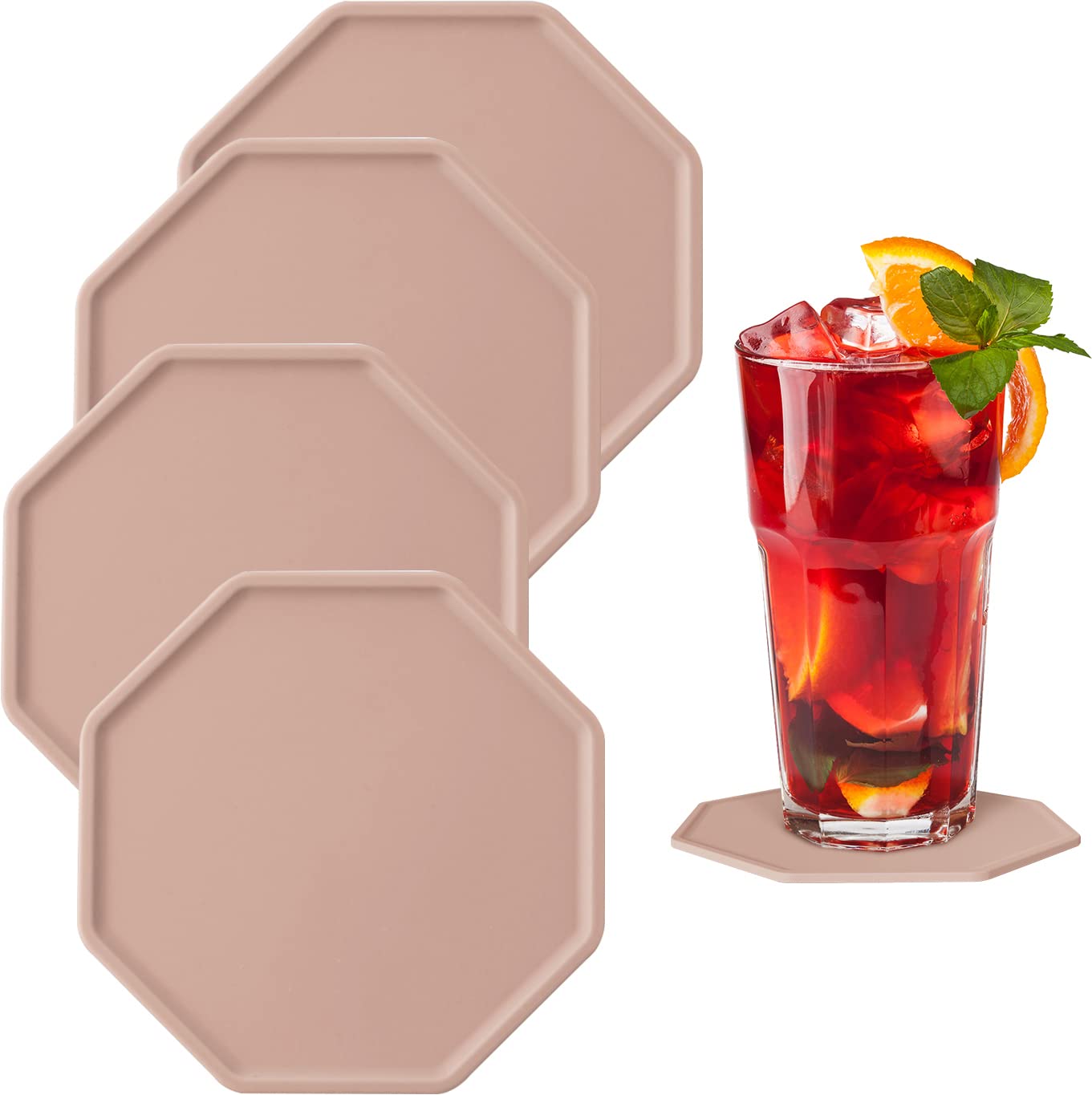 Carrotez Non-Slip Silicone Drink Coasters Set of 4 - Heat Resistant, Dishwasher Safe Cup Mats for Coffee Tables, Bars & Home Decor | Perfect for Protecting Surfaces from Spills & Stains (Nude Pink)