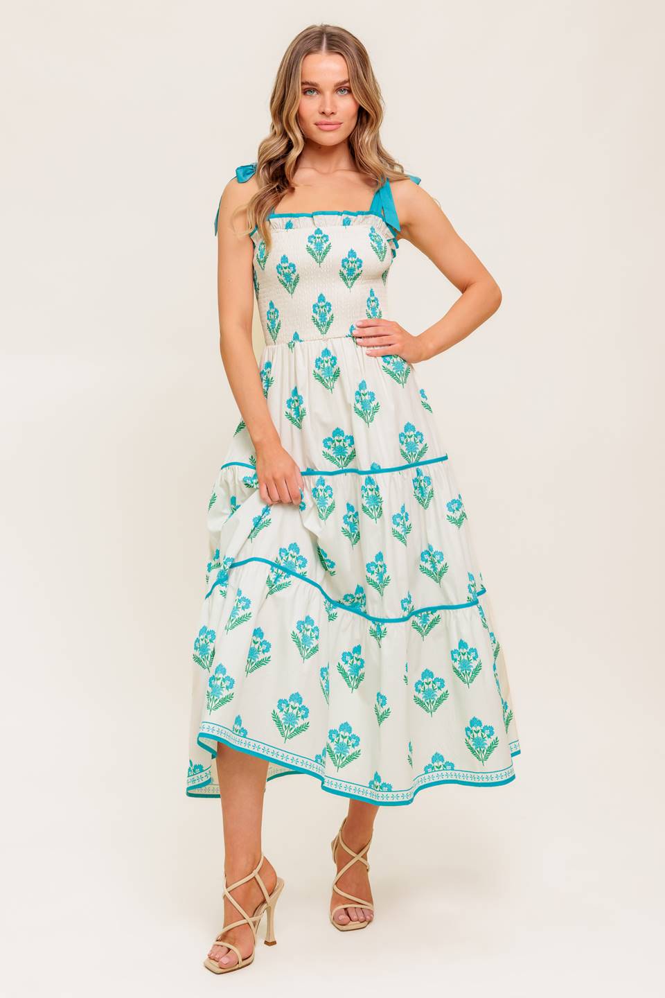 BEAUTY IN BLOOM Blue Tie Strap Midi Dress - Flowy Summer Dress for Beach, Wedding & Date Night