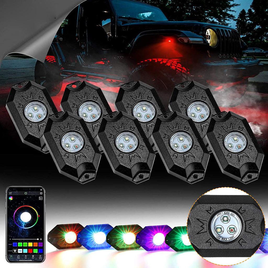 2Pcs 3FT RGB LED Whip Lights with Turn Signal & Brake Light + RGB LED Rock Lights Set - Bluetooth Controlled, Waterproof Off-Road Lighting for Jeep, Truck, ATV, UTV, Motorcycle - Perfect for Night Riding, Car Shows & Off-Road Adventures