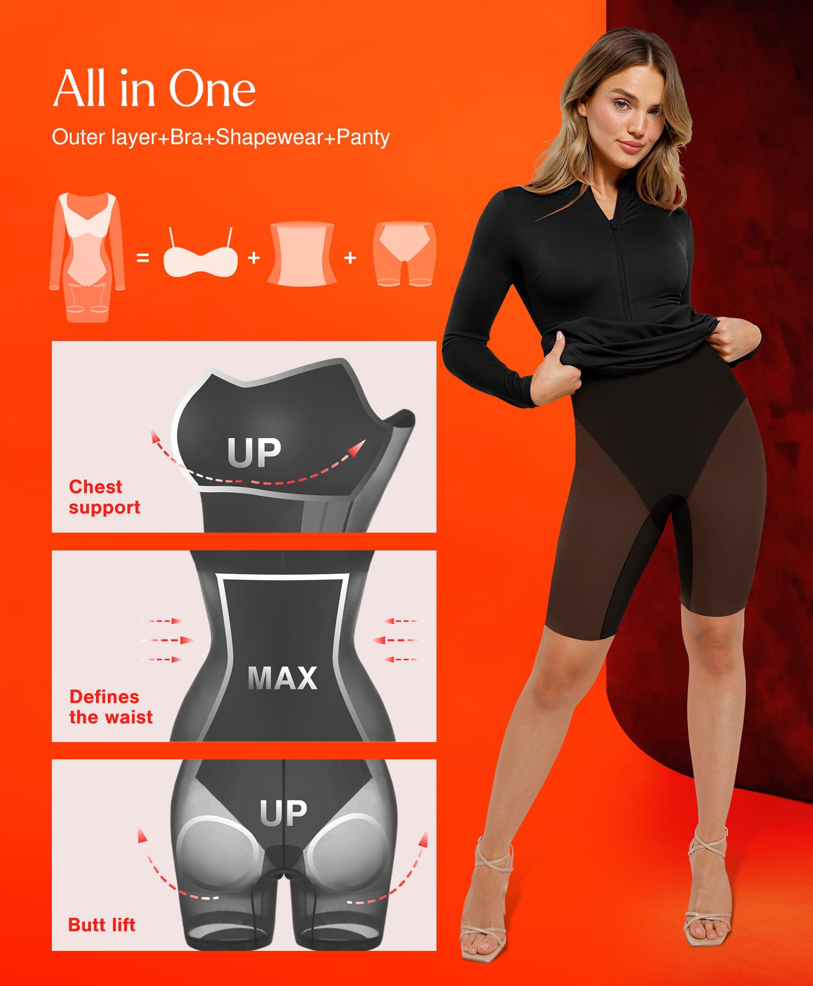 Popilush Shapewear Dress for Women - Long Sleeve Midi Dress with Tummy Control, Mock Neck & Thermal Lining (Red) | Perfect for Office Wear, Date Night & Winter Outfits