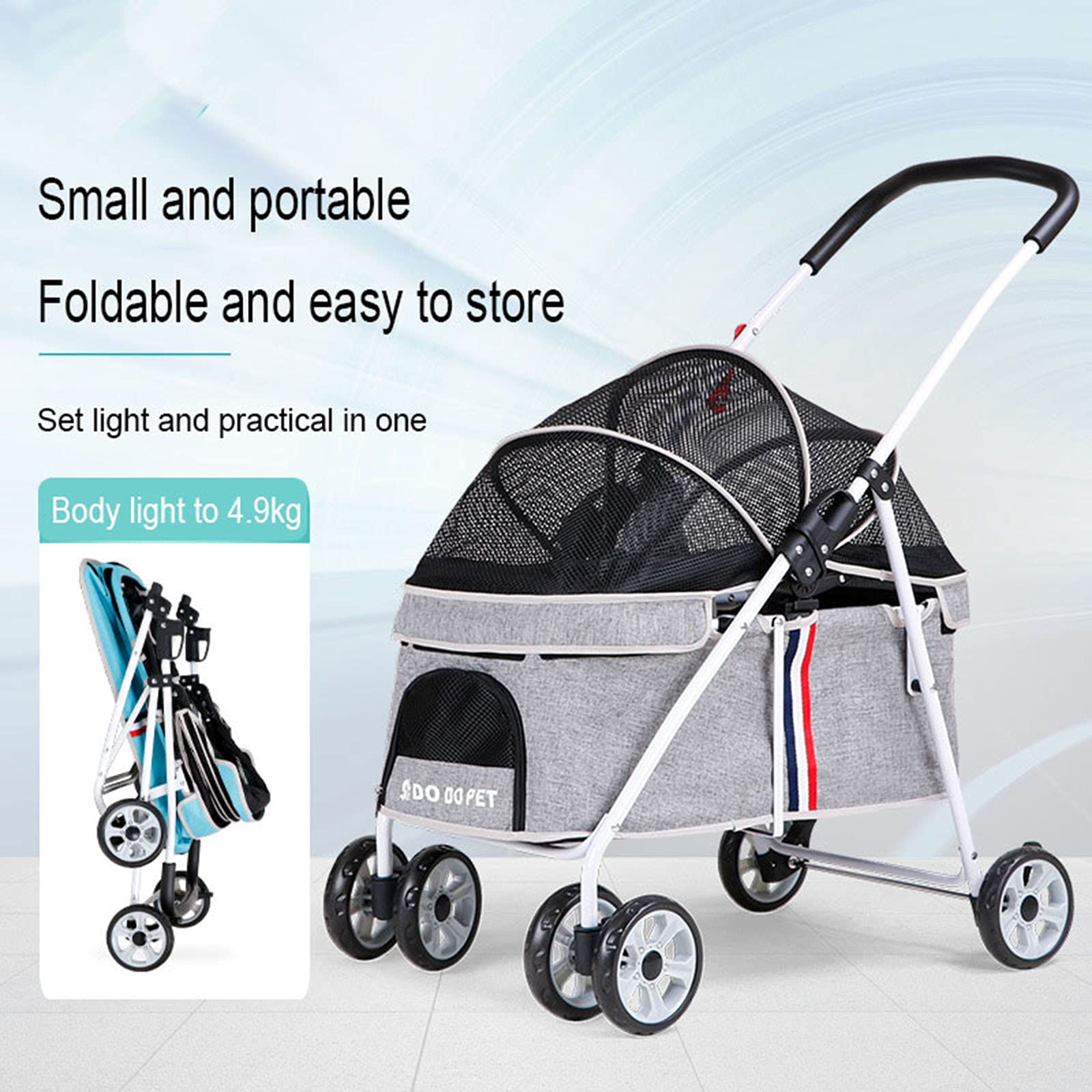 4 Wheel Pet Stroller for Medium & Small Dogs - Lightweight Foldable Design with Built-in Safety Rope & Side Pocket - Travel-Friendly Outdoor Pet Supplies (Up to 40kg) - Perfect for Park Walks, Vet Visits & Shopping Trips