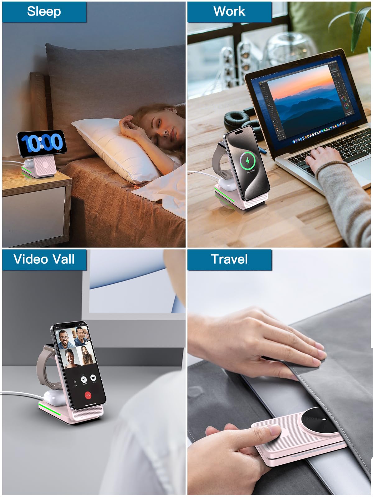 3-in-1 Foldable MagSafe Wireless Charging Station for iPhone 16 Pro Max/15/14/13/12, Apple Watch & AirPods - Pink | Nightstand Charger Stand for Bedroom, Office & Travel